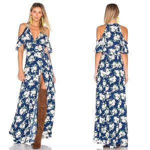 NEW Privacy Please Revolve Acme Wrap Maxi Dress Floral Navy Pink Cold Shoulder